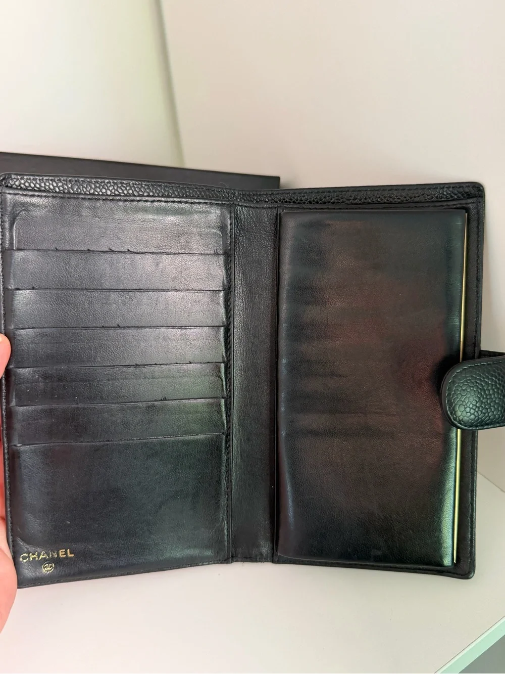 CHANEL Vintage Black Caviar CC Long Wallet Kiss Lock Coin Purse Authenticated